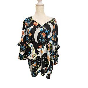 Alfani 1X Black Floral Blouse Bell Sleeve V Neck Flowy Plus Size Top